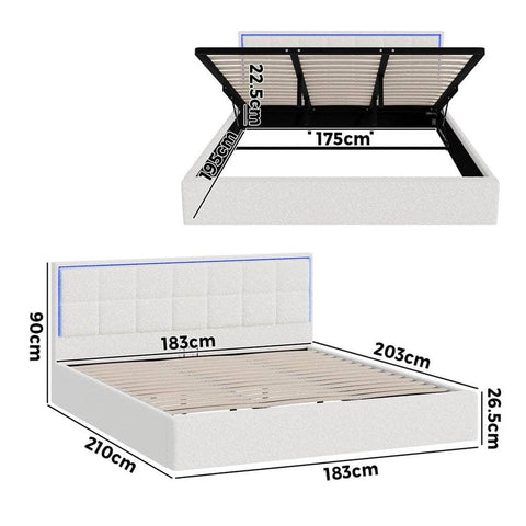 Bed Frame King Single & Double Size RGB LED Gas Lift Storage Base White Boucle