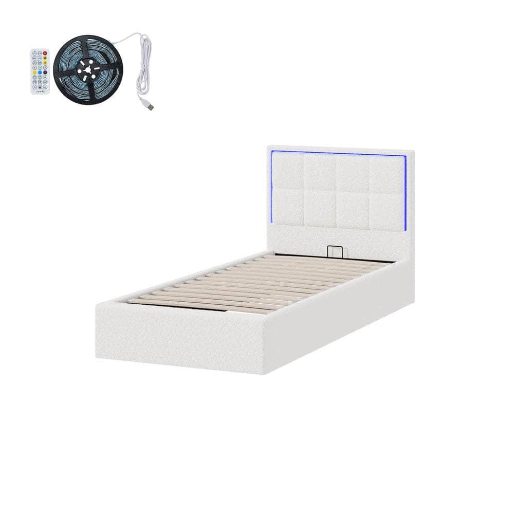 Bed Frame King Single & Double Size RGB LED Gas Lift Storage Base White Boucle