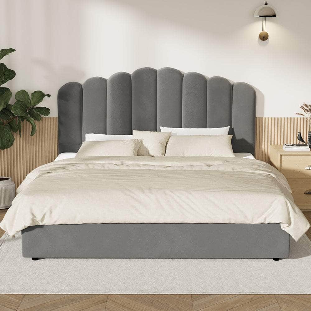 Bed Frame King Single/Queen/Double Gas Lift Velvet Grey