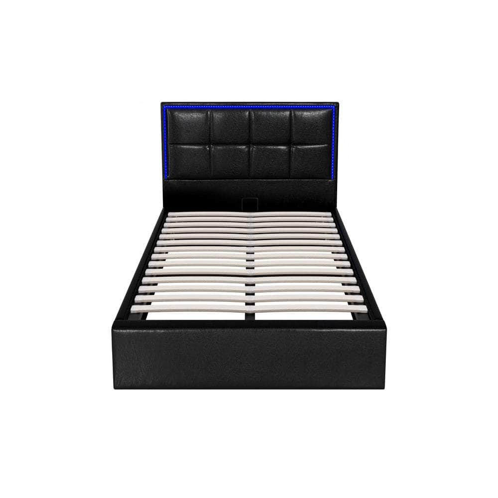 Bed Frame King Single RGB LED Gas Lift Storage Base Leather