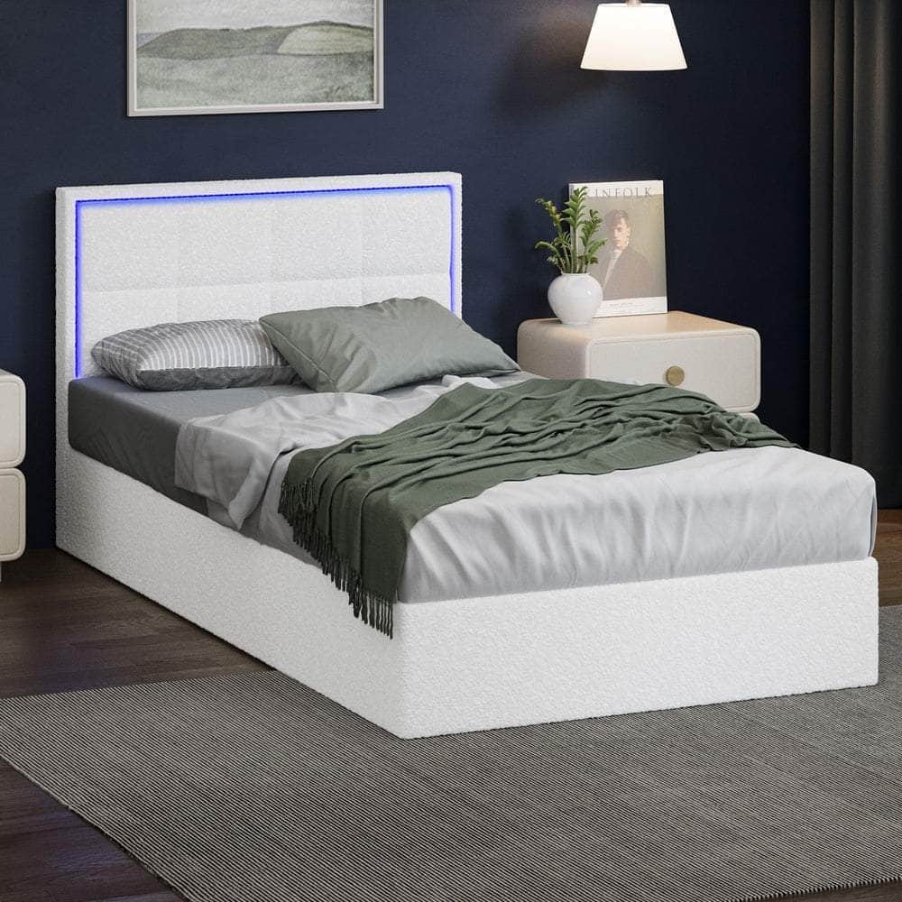 Bed Frame King Single RGB LED Gas Lift Storage Base White Boucle