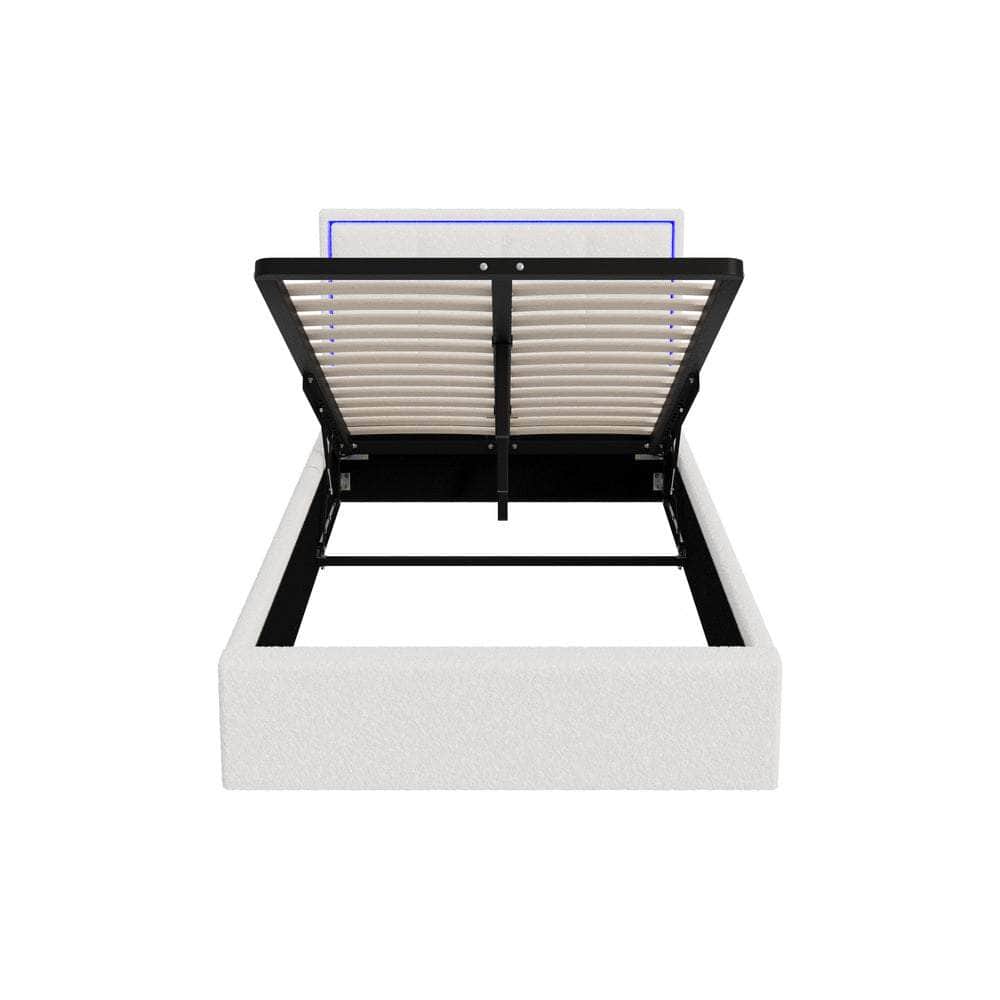 Bed Frame King Single RGB LED Gas Lift Storage Base White Boucle