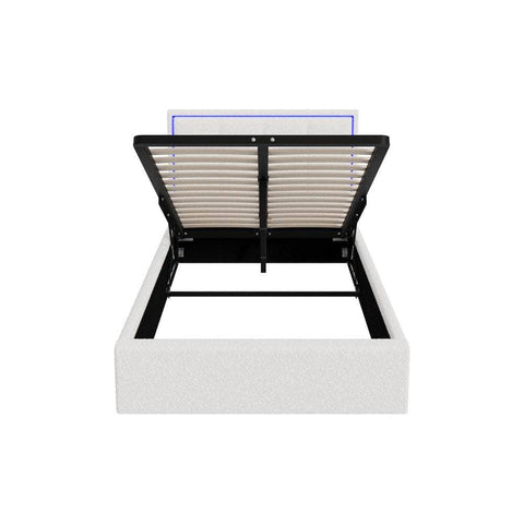 Bed Frame King Single RGB LED Gas Lift Storage Base White Boucle