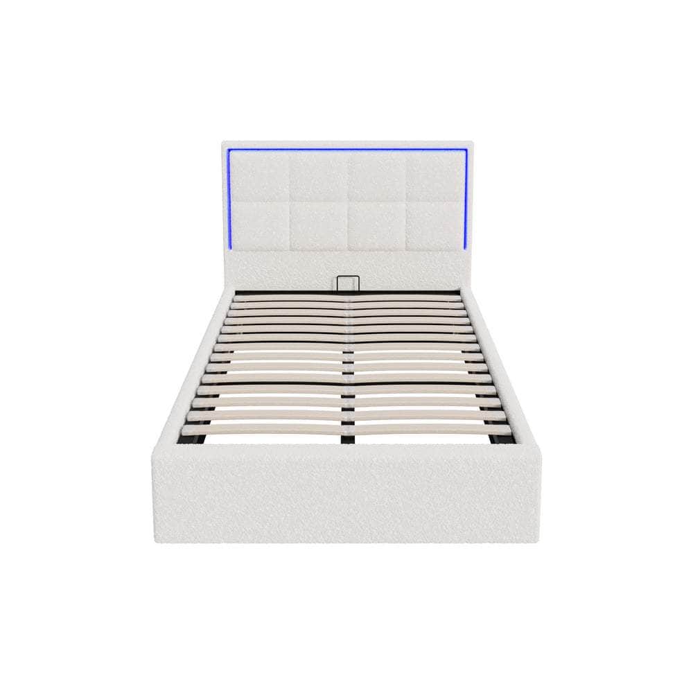 Bed Frame King Single RGB LED Gas Lift Storage Base White Boucle