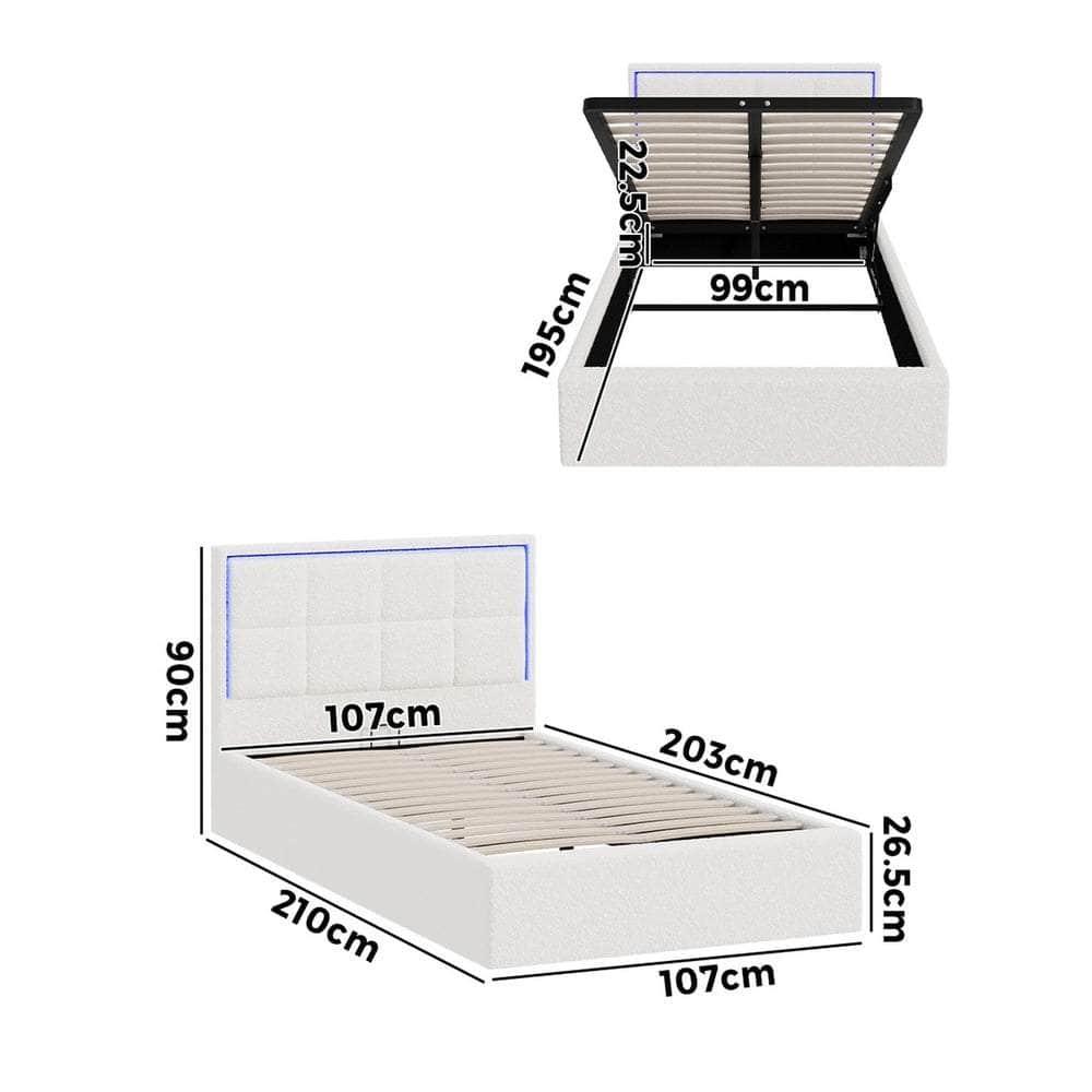 Bed Frame King Single RGB LED Gas Lift Storage Base White Boucle