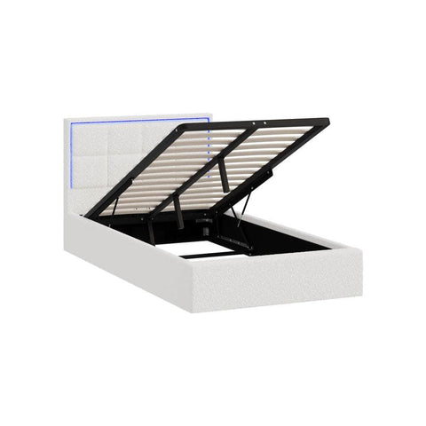 Bed Frame King Single RGB LED Gas Lift Storage Base White Boucle