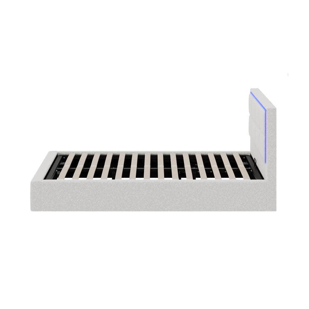 Bed Frame King Single RGB LED Gas Lift Storage Base White Boucle