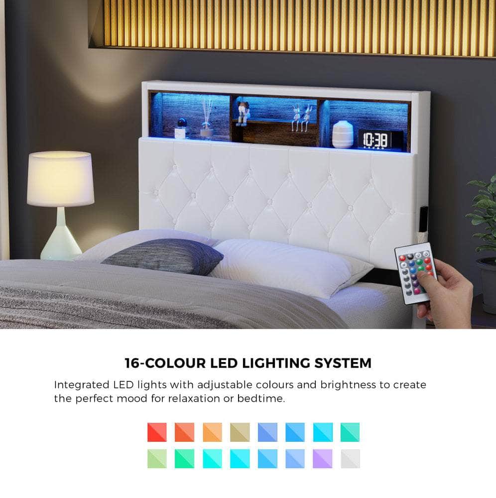 Bed Frame King Single Size with LED Storage Bedhead White