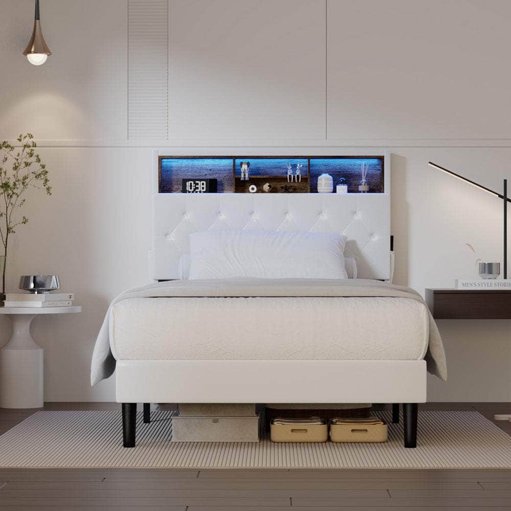 Bed Frame King Single Size with LED Storage Bedhead White