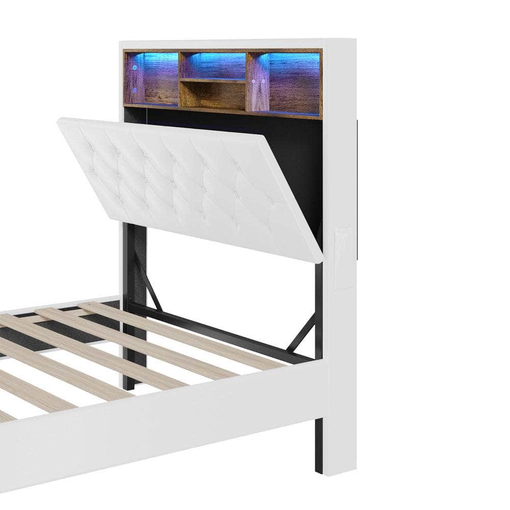 Bed Frame King Single Size with LED Storage Bedhead White