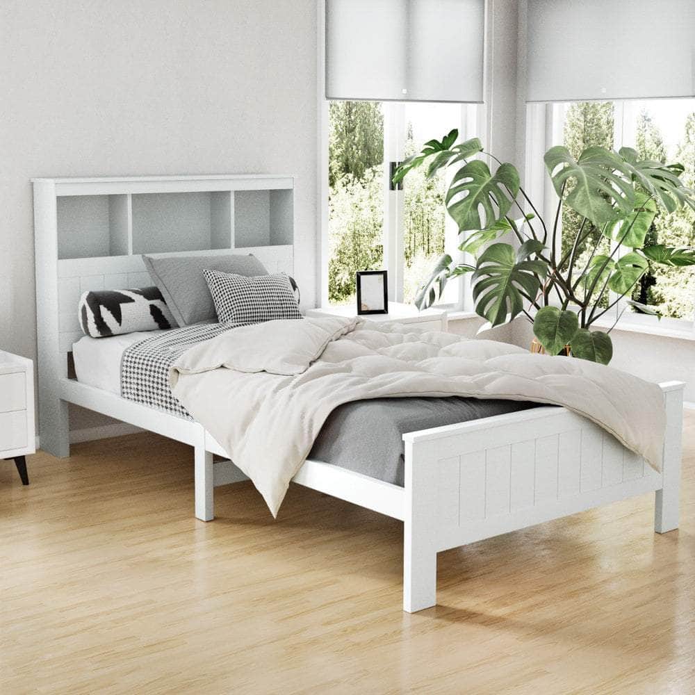 Bed Frame King Single Size Wooden With 3 Shelves Bed Head White