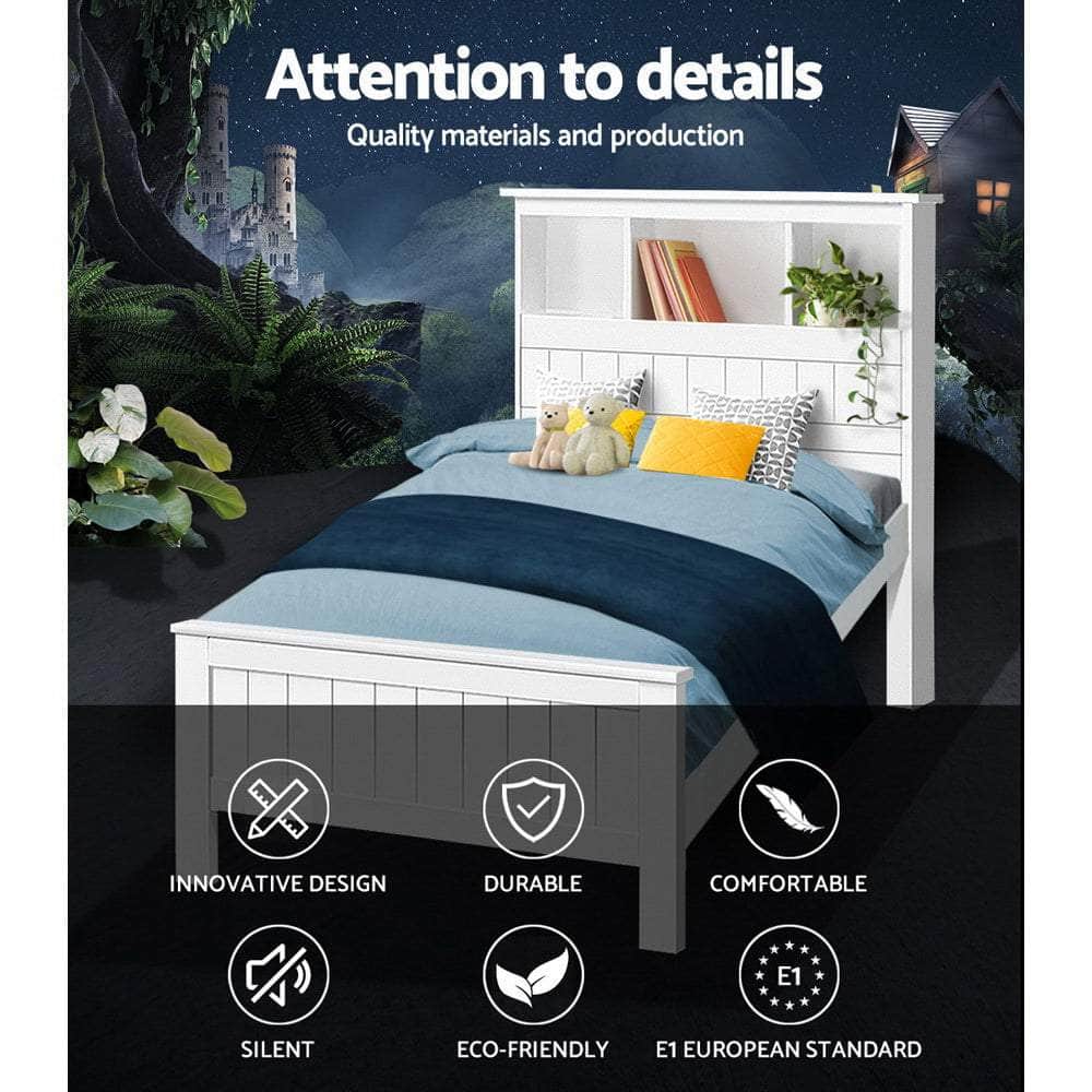 Bed Frame King Single Size Wooden With 3 Shelves Bed Head White