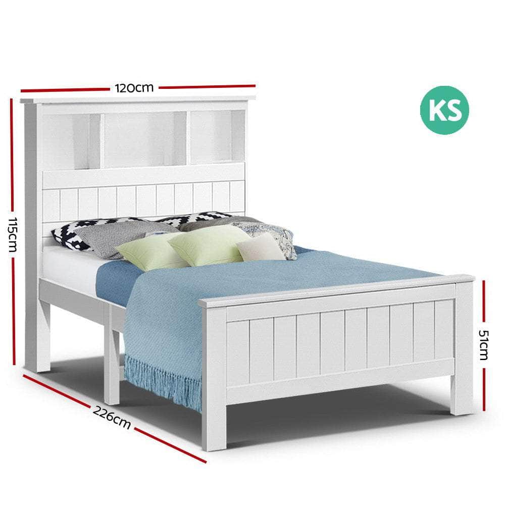 Bed Frame King Single Size Wooden With 3 Shelves Bed Head White