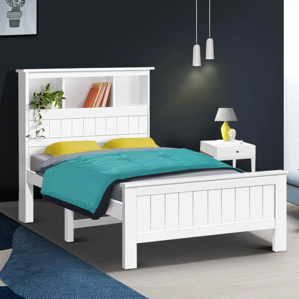Bed Frame King Single Size Wooden With 3 Shelves Bed Head White