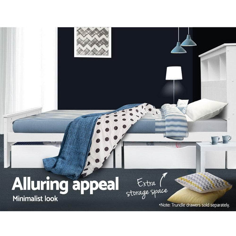 Bed Frame King Single Size Wooden With 3 Shelves Bed Head White