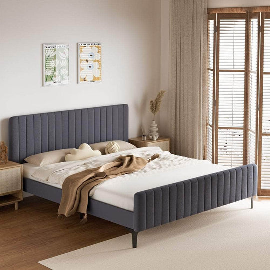 Modern Grey Velvet Fabric Platform Bed Frame with Sturdy Construction King Size | Grey colour