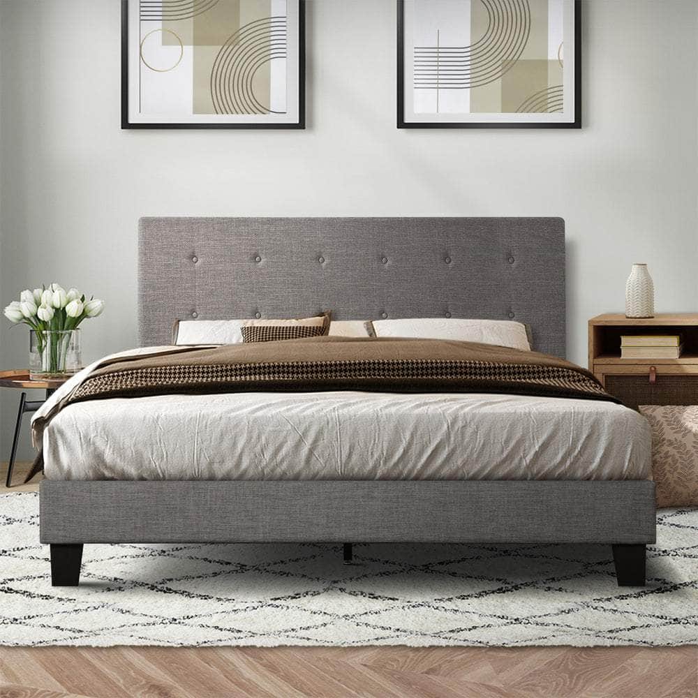Bed Frame King Size Wooden Fabric Grey