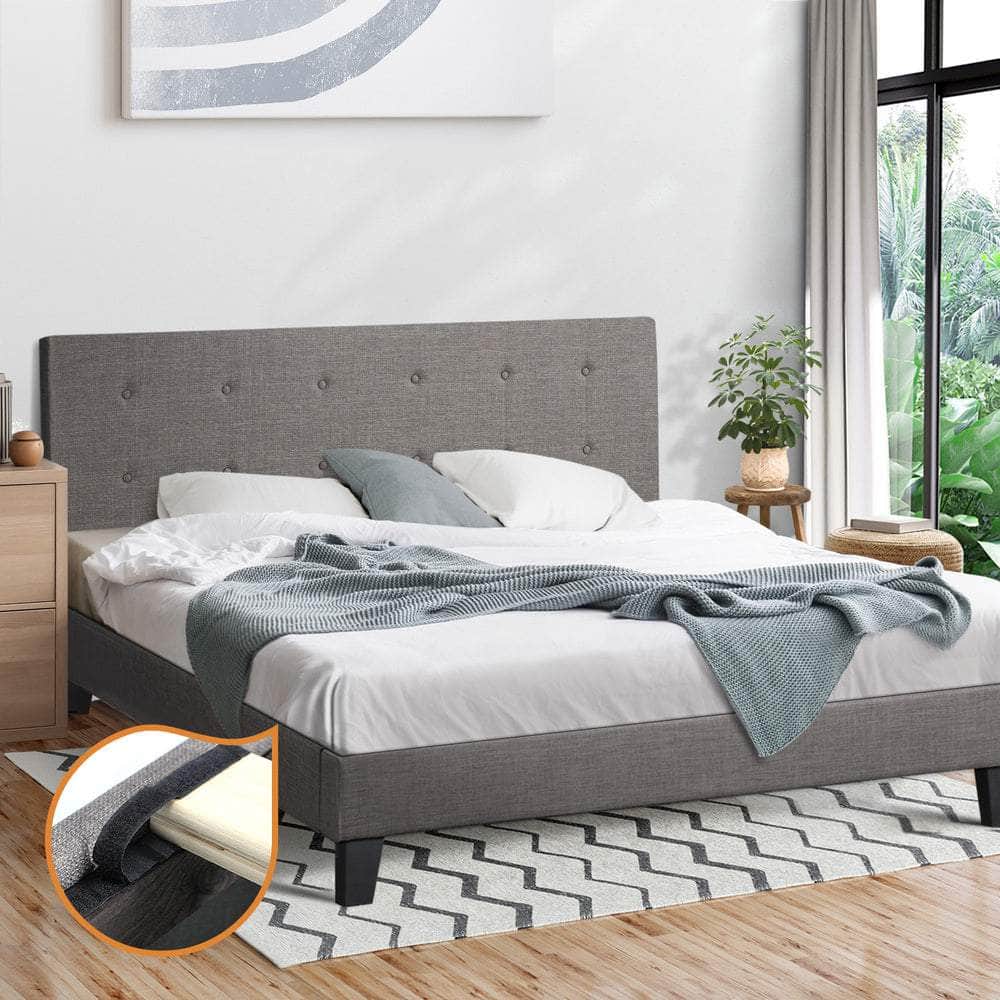 Bed Frame King Size Wooden Fabric Grey