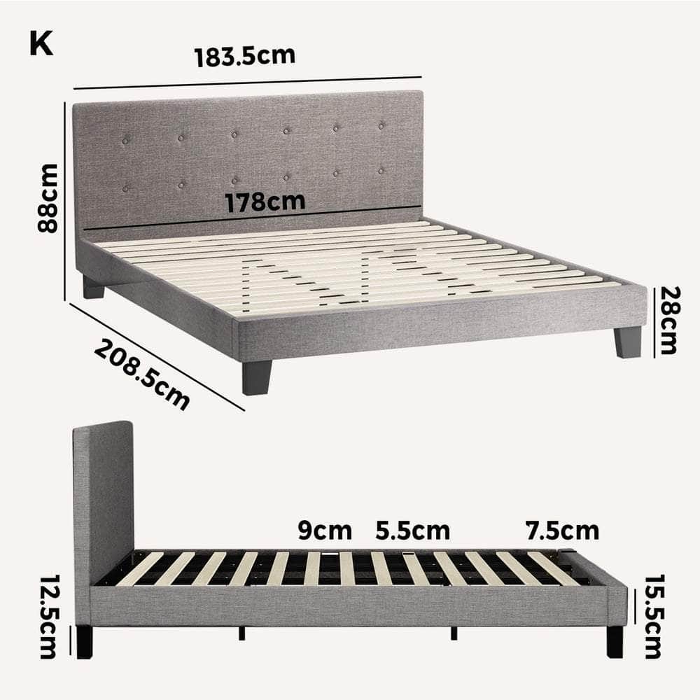 Bed Frame King Size Wooden Fabric Grey