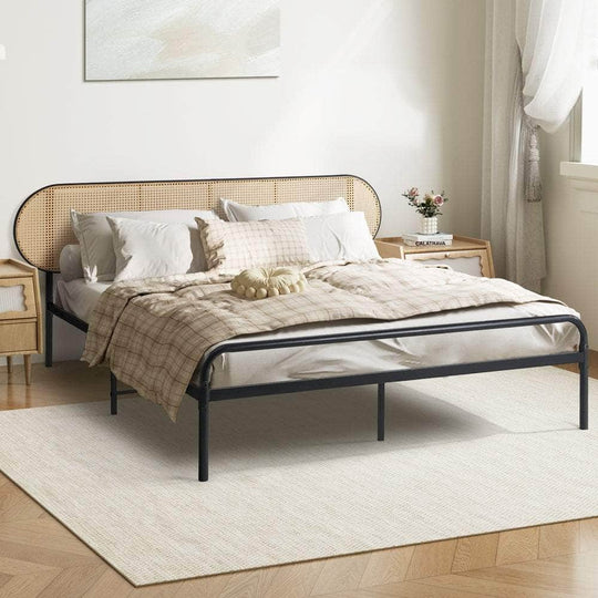 Bed Frame Metal Base Rattan Headboard, Double