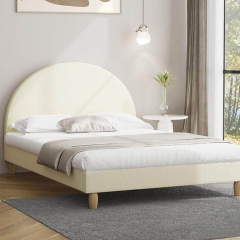 Bed Frame Queen Size Arched Bedhead Beige Fabric