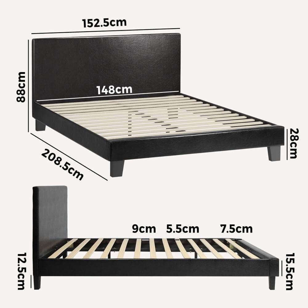 Bed Frame Queen Size Base Mattress Platform Leather Wooden Slats Black