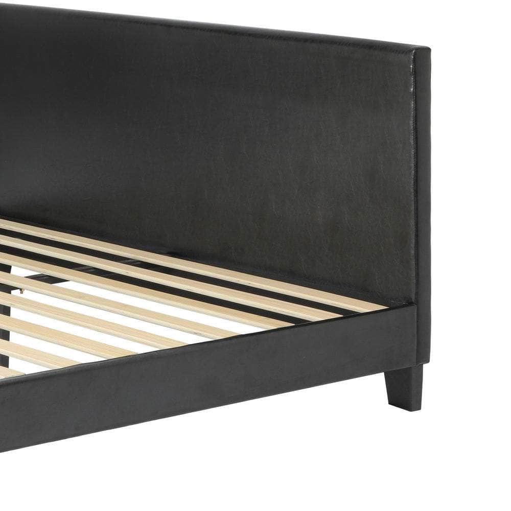 Bed Frame Queen Size Base Mattress Platform Leather Wooden Slats Black