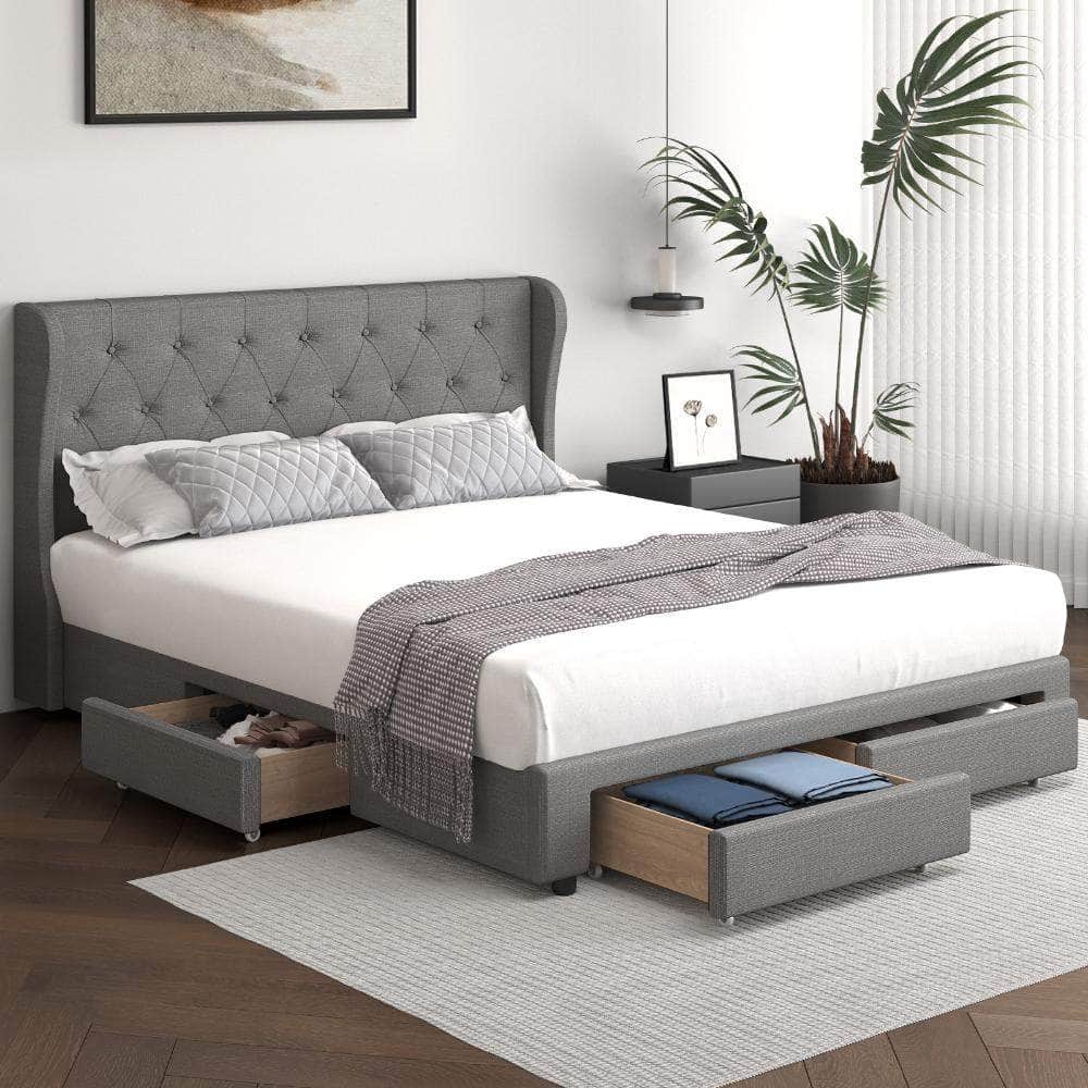 Bed Frame Queen Size Frames with 4 Storage Drawers