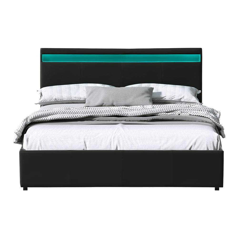 Bed Frame Queen Size Led Gas Lift Black Cole