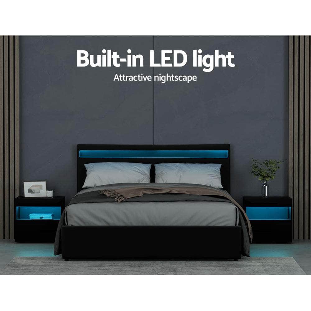 Bed Frame Queen Size Led Gas Lift Black Cole
