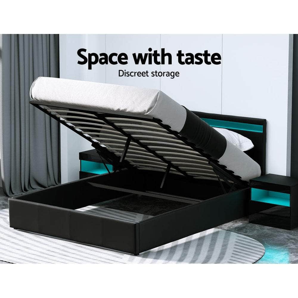 Bed Frame Queen Size Led Gas Lift Black Cole