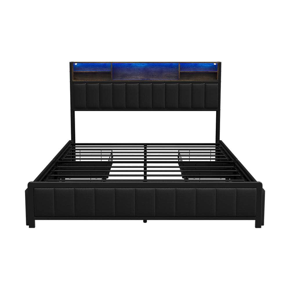 Bed Frame Queen Size LED Storage Bedhead Leather Black
