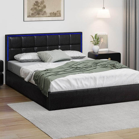 Bed Frame Queen Size RGB LED Gas Lift Storage Base Leather