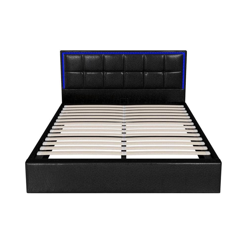 Bed Frame Queen Size RGB LED Gas Lift Storage Base Leather