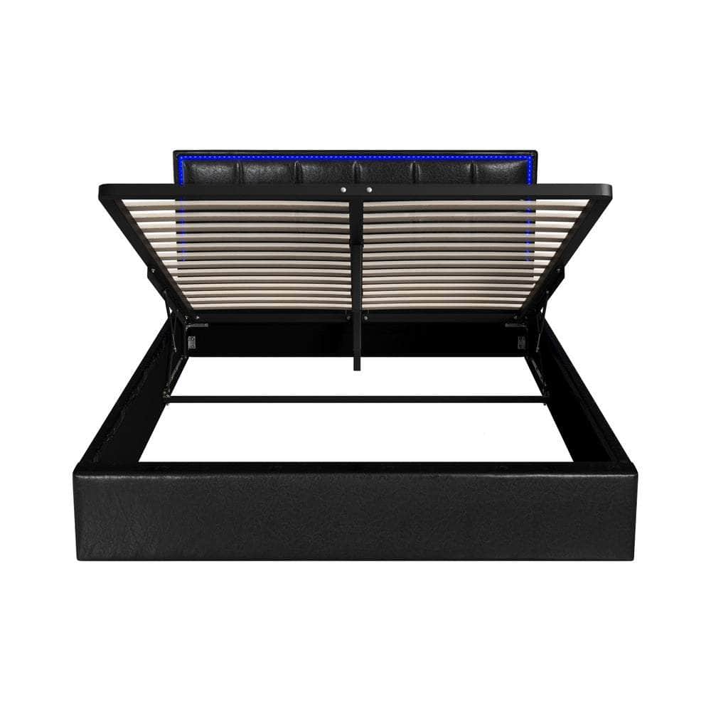 Bed Frame Queen Size RGB LED Gas Lift Storage Base Leather