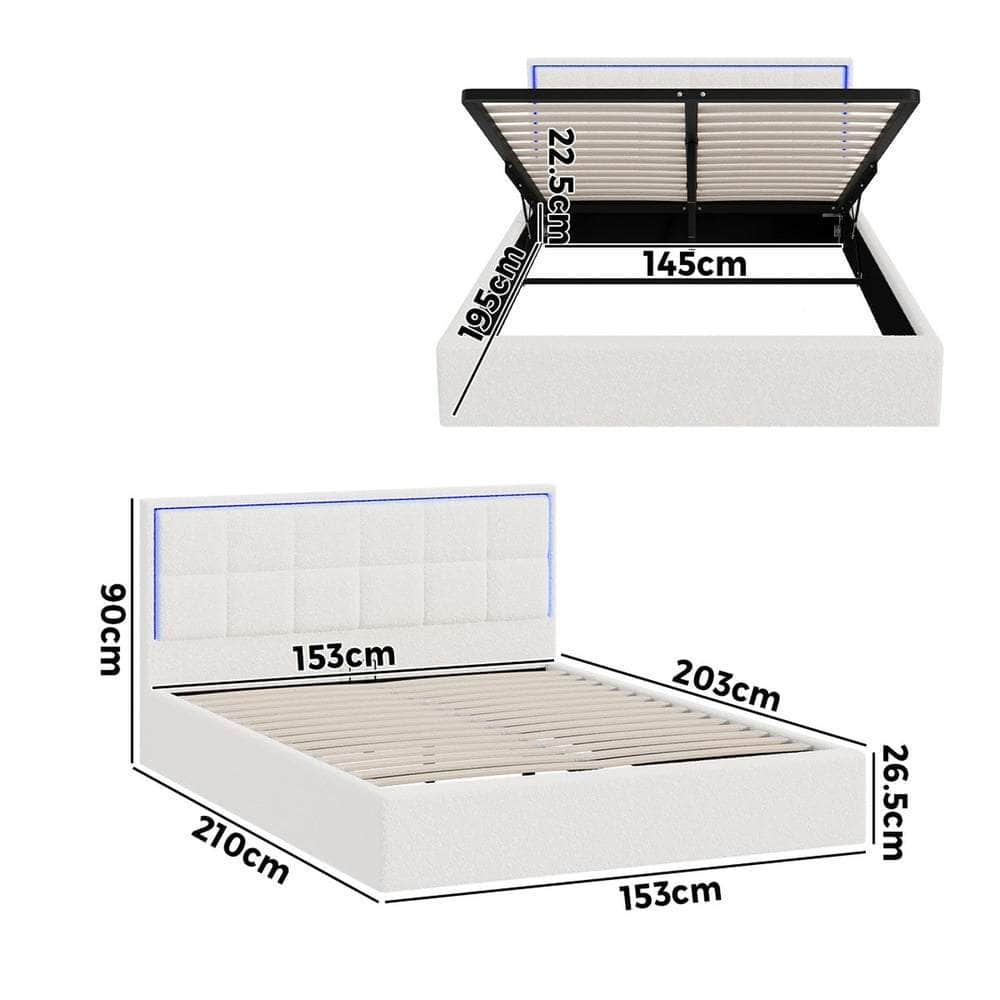 Bed Frame Queen Size RGB LED Gas Lift Storage Base White Boucle