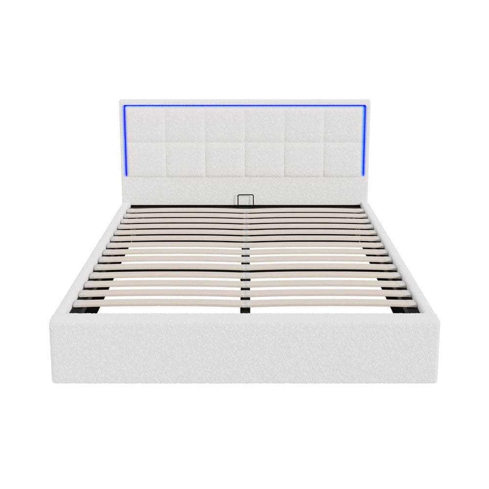 Bed Frame Queen Size RGB LED Gas Lift Storage Base White Boucle