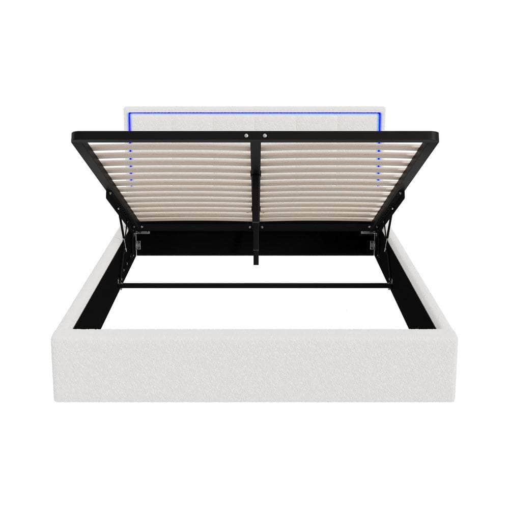 Bed Frame Queen Size RGB LED Gas Lift Storage Base White Boucle