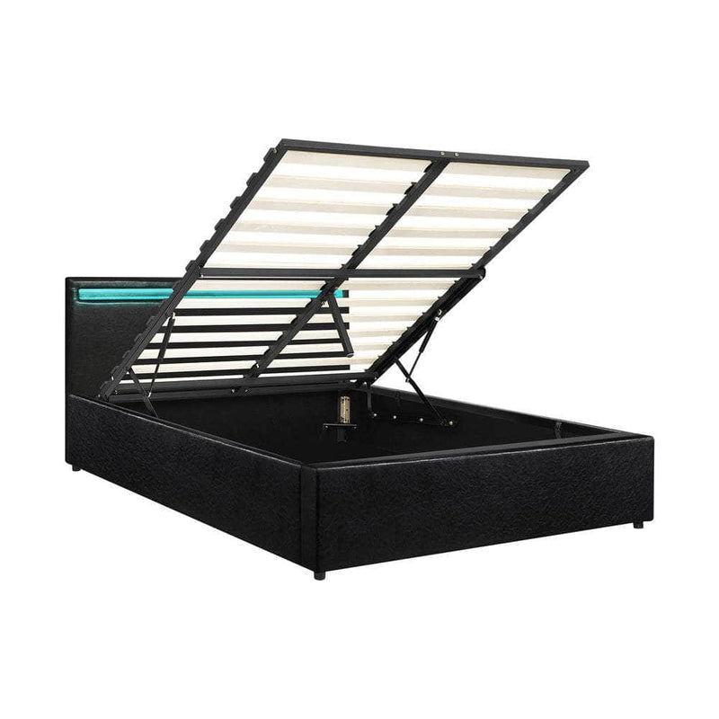 Futuristic Black Gas Lift Bed Frame with RGB LED Storage