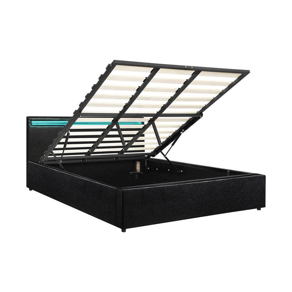 Bed Frame RGB LED Gas Lift Storage Base Black