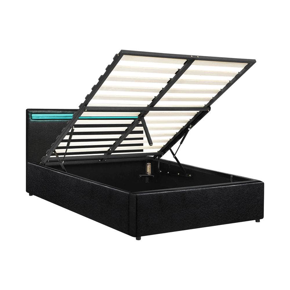 Bed Frame RGB LED Gas Lift Storage Base Black