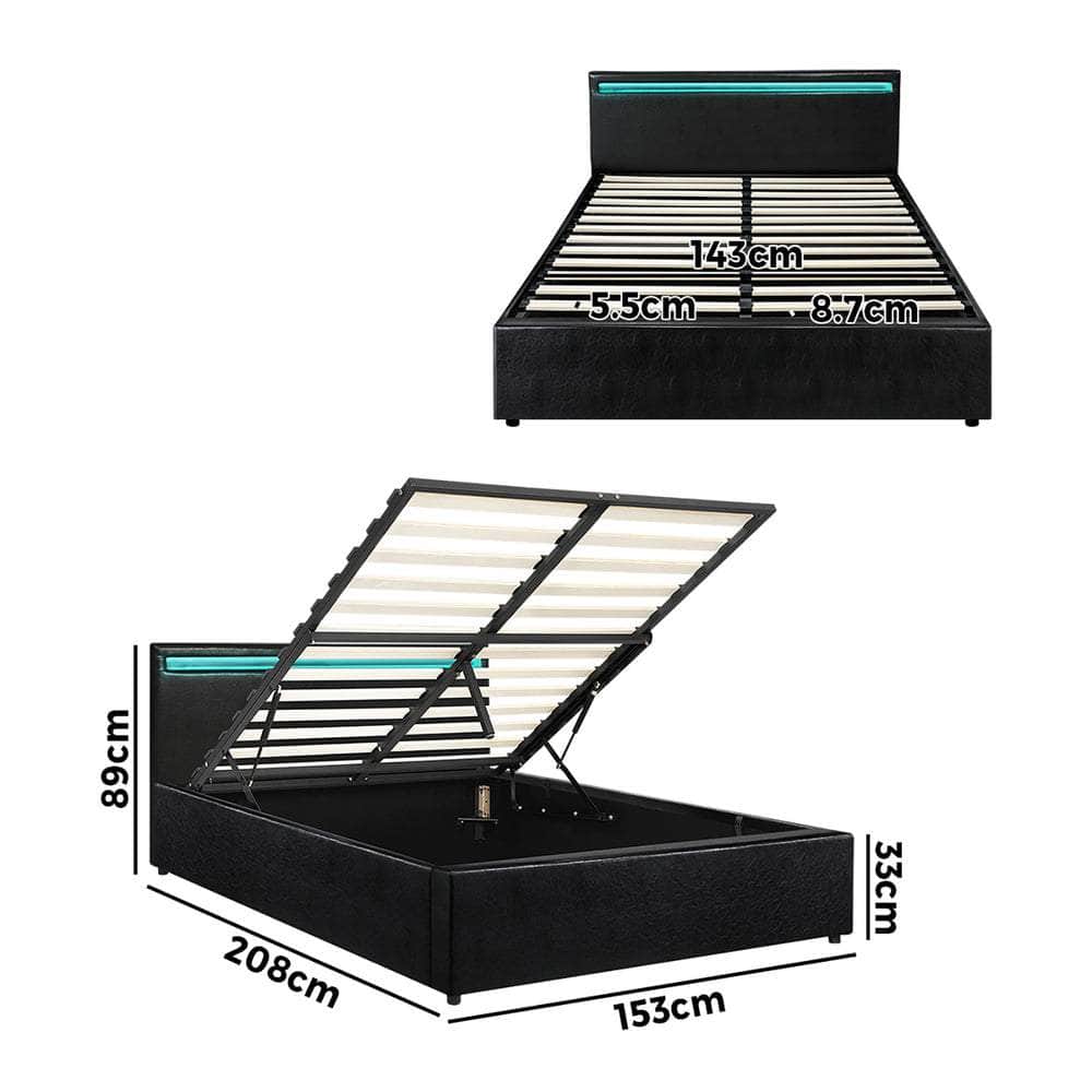 Bed Frame RGB LED Gas Lift Storage Base Black