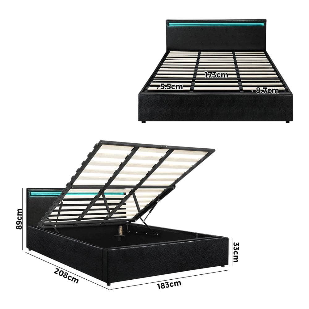 Bed Frame RGB LED Gas Lift Storage Base Black