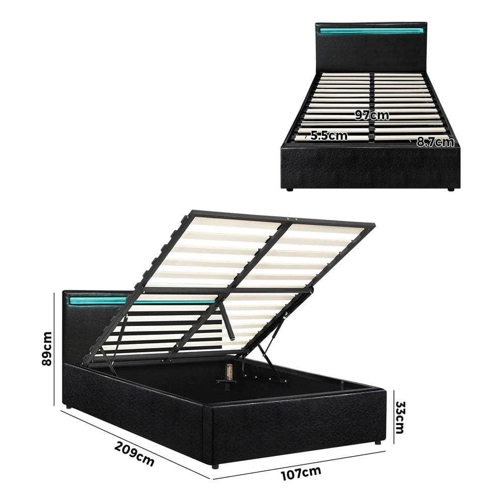 Bed Frame RGB LED Gas Lift Storage Base Black