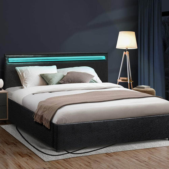 Futuristic Black Gas Lift Bed Frame with RGB LED Storage Base | Bed Frame
