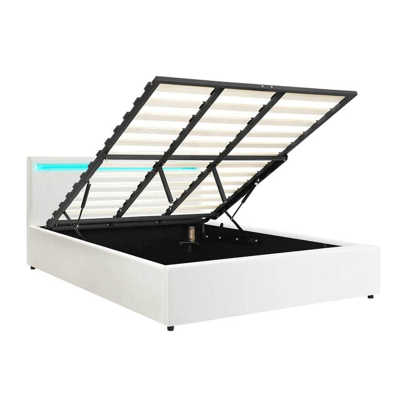 RGB LED Storage White Gas Lift Bed Frame