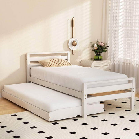 Bed Frame Single Size 2-in-1 Trundle Wooden White AVIS