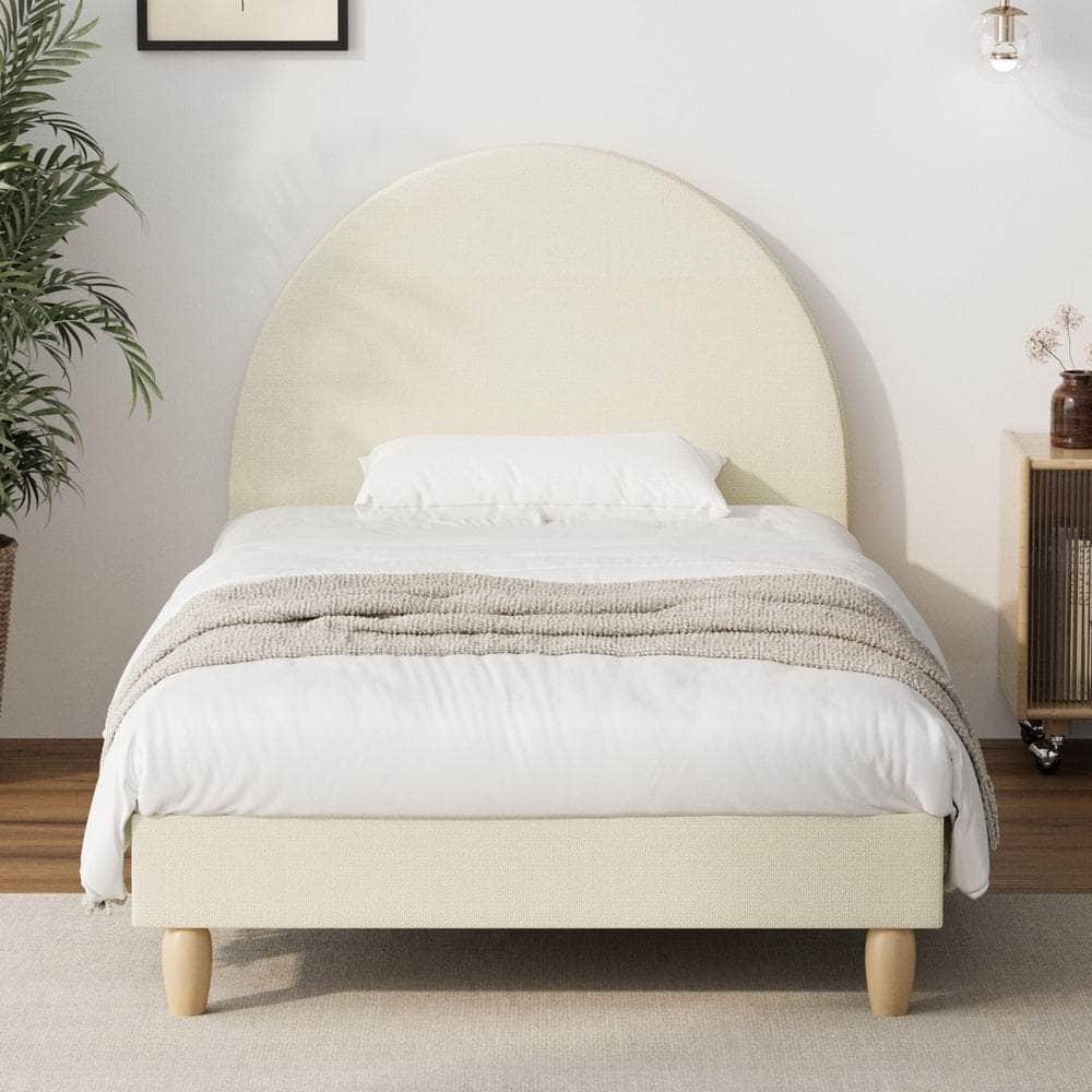 Beige colour - Bed Frame Single Size Arched Bedhead Beige Fabric