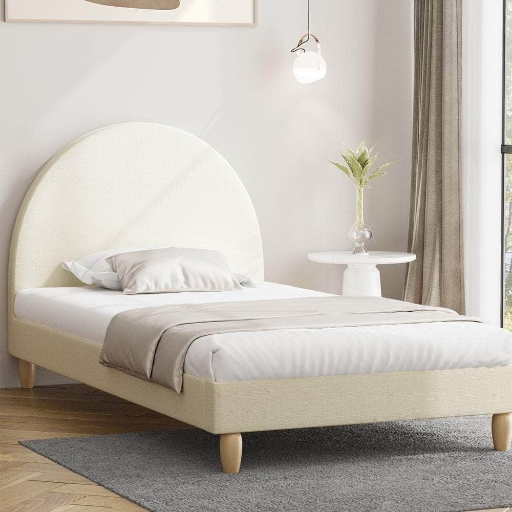 Bed Frame Single Size Arched Bedhead Beige Fabric | Single