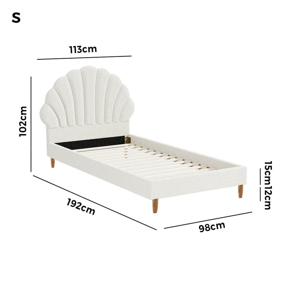 Bed Frame Single Size Scallop-Shape Bedhead White Boucle